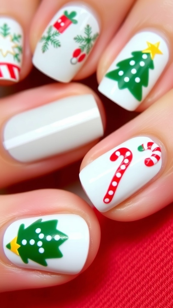 Close-up of Christmas-themed nail art with snowflakes and trees on red and green nails.